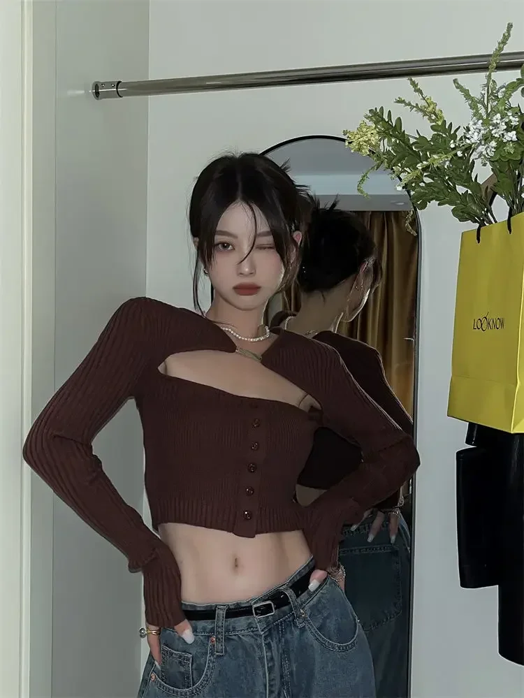 2026 New Hollow Knitted Cardigan Women Summer Fashion Slim Long Sleeve Y2k Cropped Tops Woman