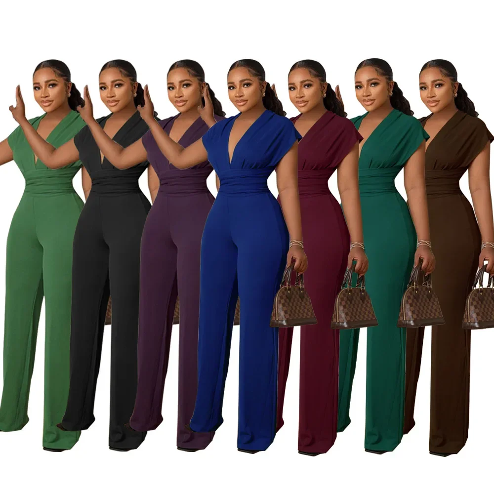 European  American cross-border new low-cut solid-color waist women's jumpsuit solid-color sexy clothes large-size green traf