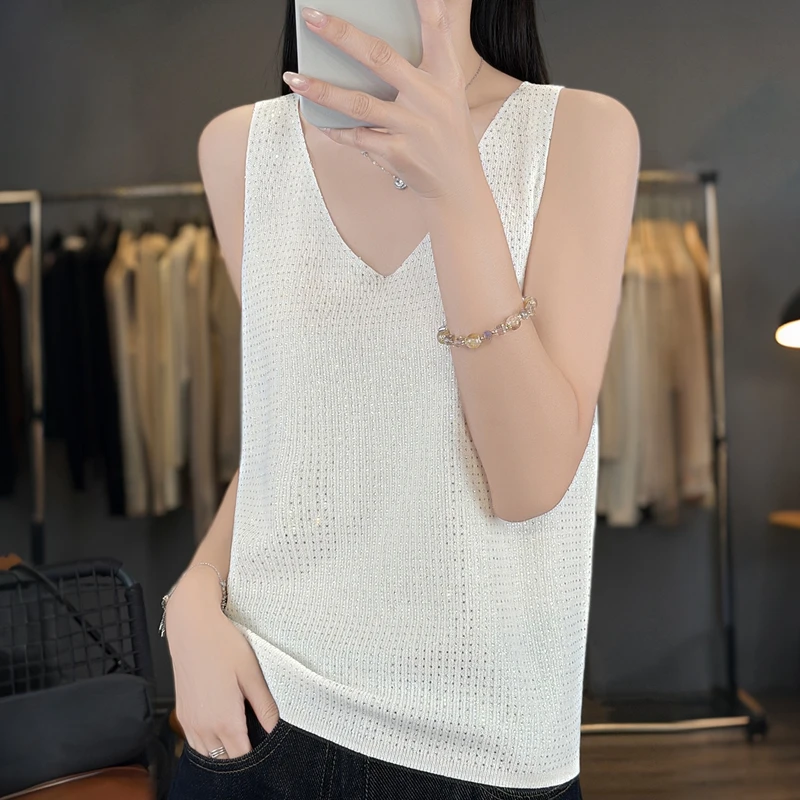 Women's V-neck Camisole Vest Summer Fashion Rhinestone Knitted Vest Silver Wire Thin Inner Top for Casual Wear Versatile
