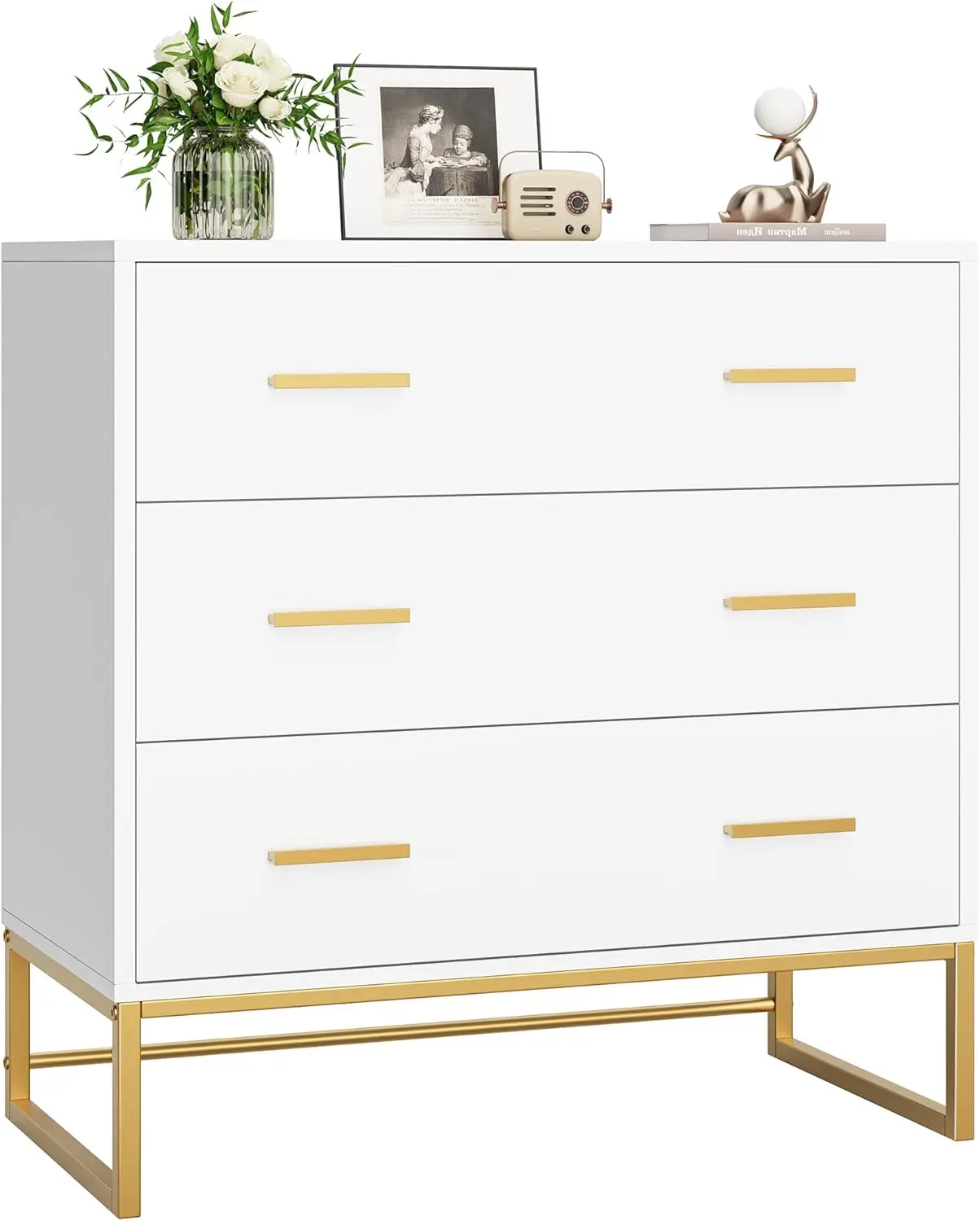 White Dresser with 3 Drawers, White Gold Dresser w/ Metal Handle and Frame, 3 Drawer Dresser Small Dresser for Home Office, USA