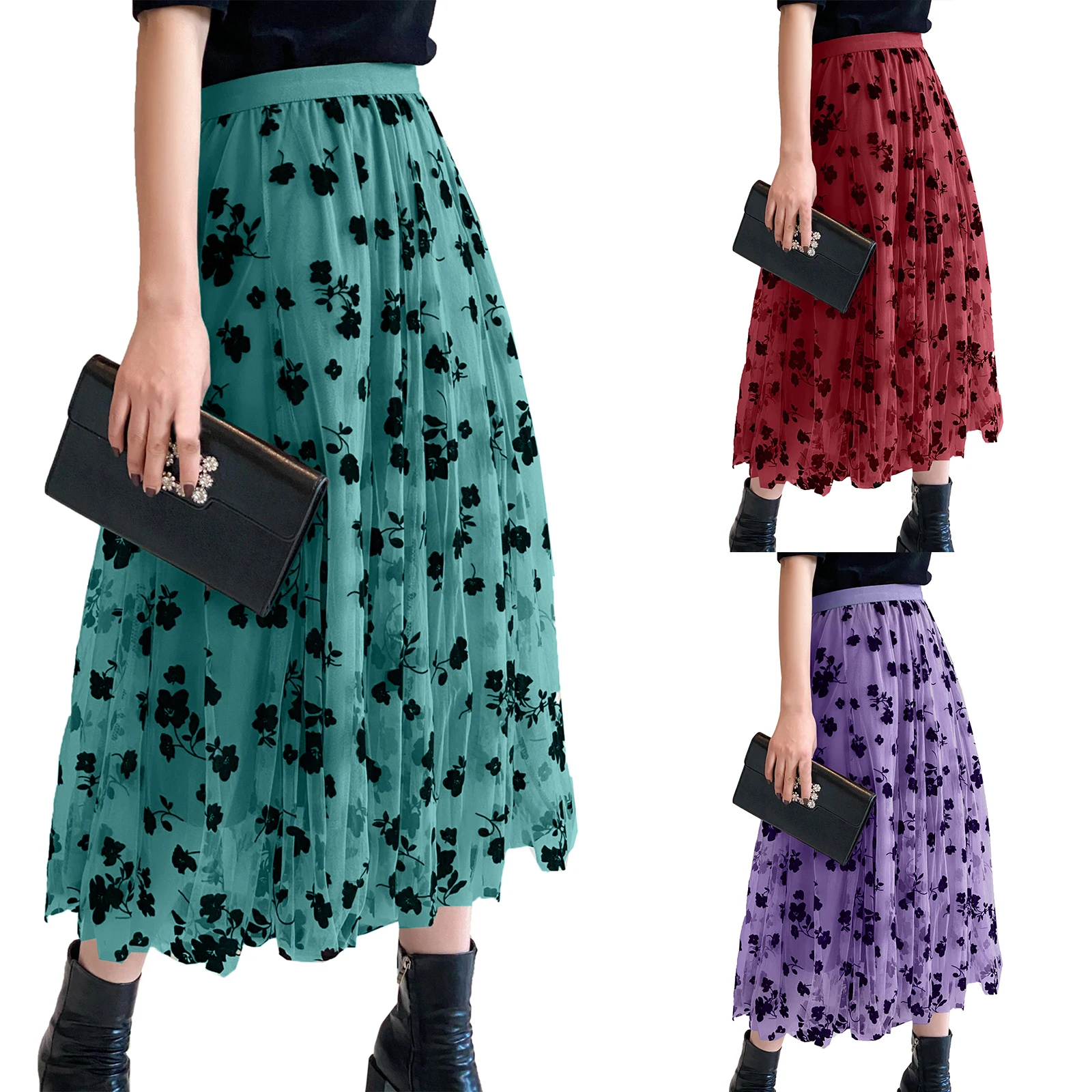 

Women’s Tulle Long Skirt Vintage High Waist Flocked Floral Print Midi A-line Skirt