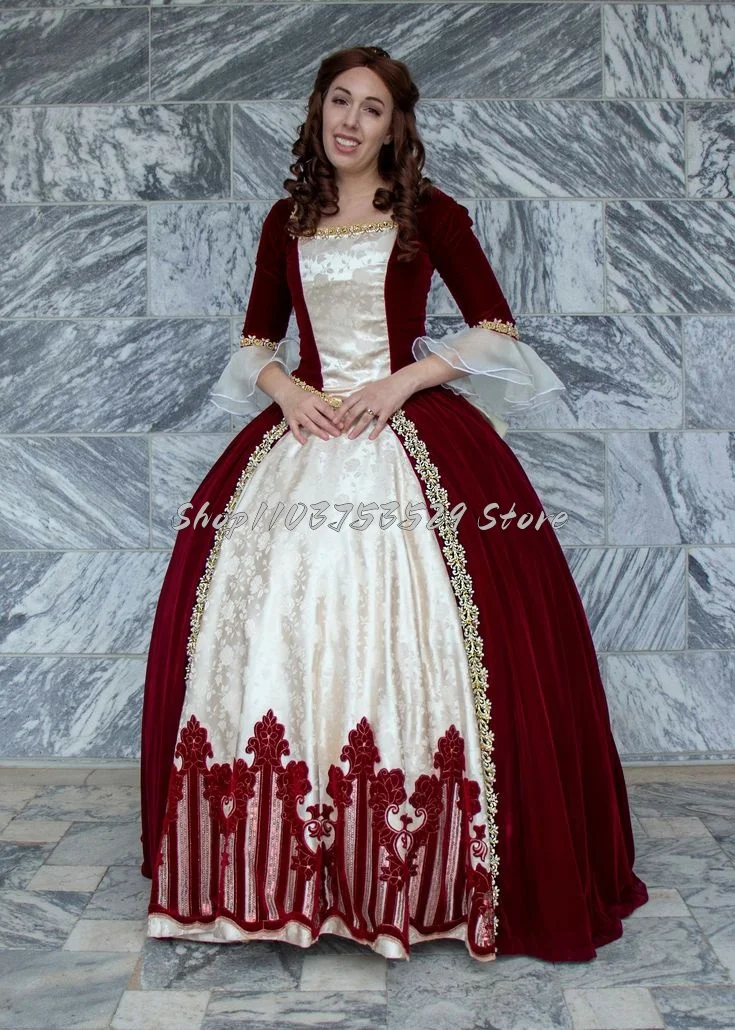 Fantasy Red White Victorian Prom Dresses Delicate Square Neck Lace Half Sleeve Tie Bow Applique Role Play Evening Gowns