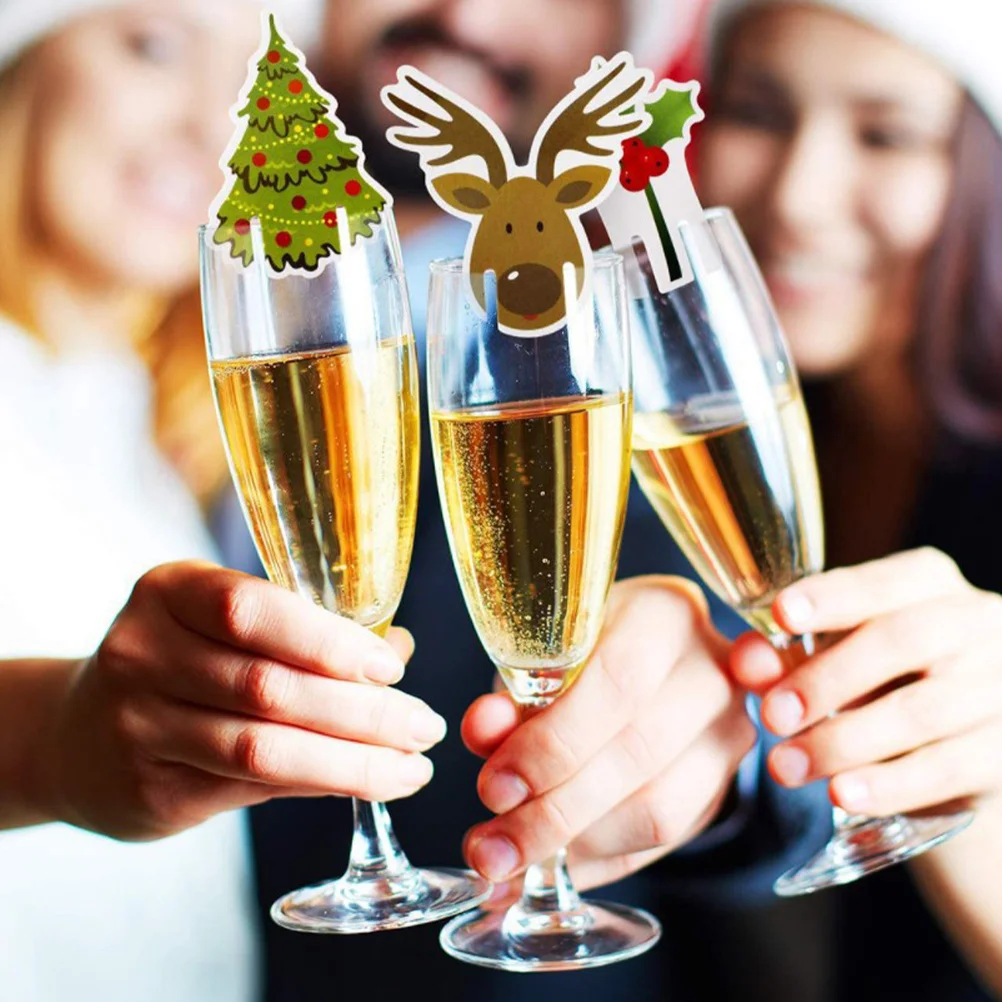 

80pcs Christmas Hat Santa Reindeer Cup Card Wooden Wine Glass Charm Party Drink Marker Kitchen Bar Tools Decorative Cup Tags