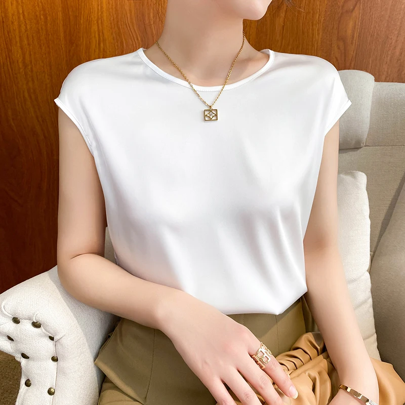 Blusa de verano para mujer, de acetato satinado, manga corta, seda artificial, estilo coreano, moda urbana, top de gasa, tallas grandes, blusas