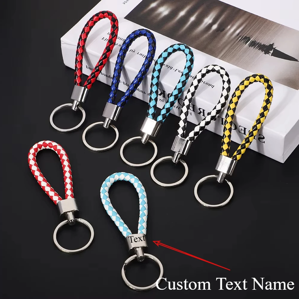 

Originality Metal PU Leather Organization Rope Keychain Personality Custom Name Text Keyring Car Moto Key Ring Chain Gift