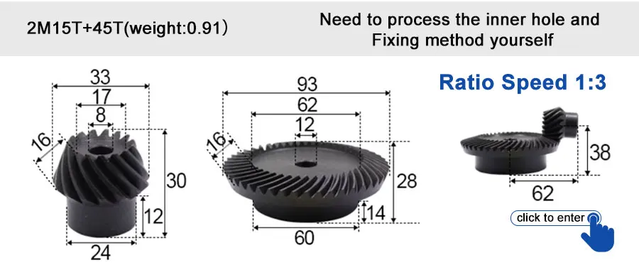45 # Stahl-Spiralkegelradgetriebe, 2M, 15T bis 60T, Modul 1:4, 90 Grad Differentialgetriebe, gleicher Übersetzungsverhältnis, Durchmesser 8mm bis 12mm, Loch – Detail 39
