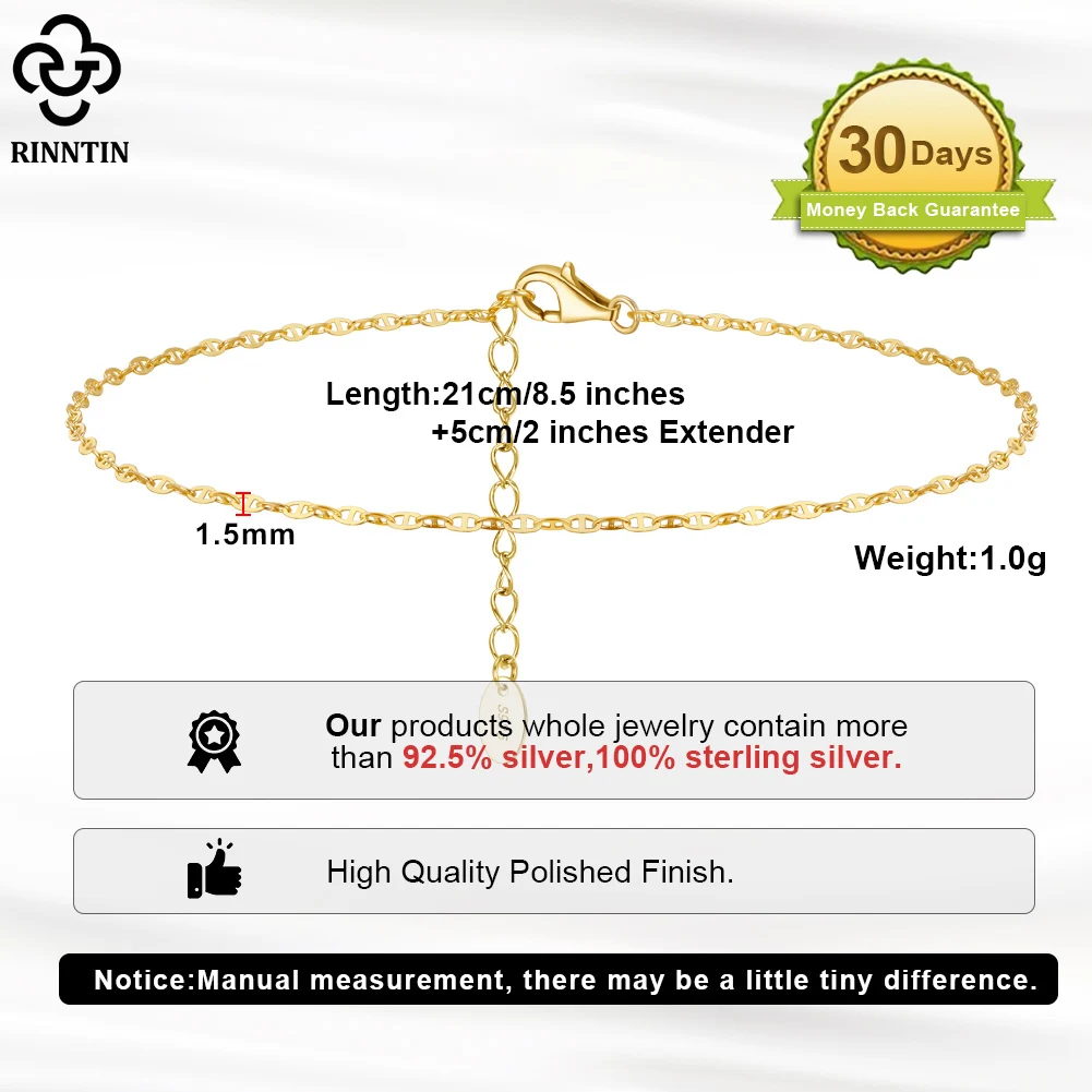 Rinntin 925 Sterling Silver 1.5mm Mariner Chain Anklets Fashion Women Summer 14K Gold Foot Bracelet Ankle Straps Jewelry SA24