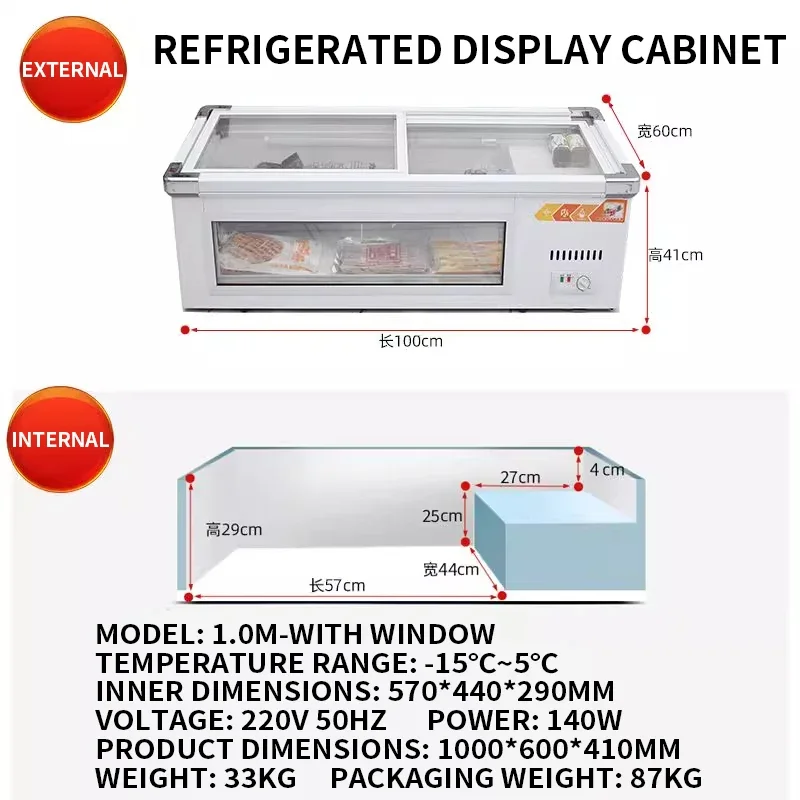 Lemari Display Berpendingin Meja 1M/1.2M, Freezer Kios Bergerak Penjaga Kesegaran dan Pembekuan, Tusuk Sate Goreng dan Display Barbekyu
