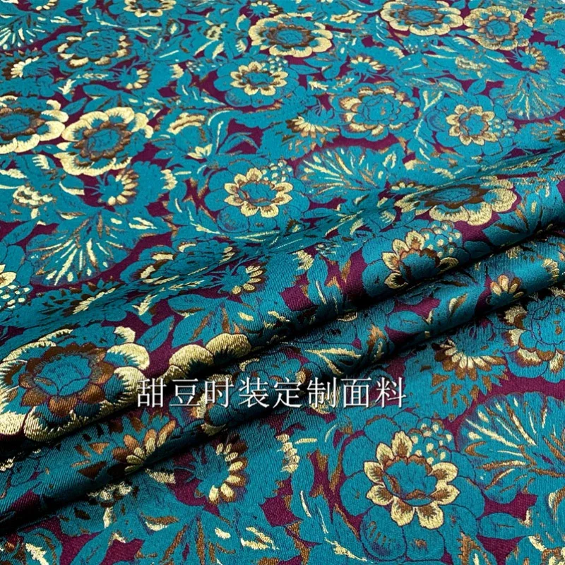 Gold Silk Brocade Jacquard Fabric Yarn Dyed Flower Dress Trench Coat Fashion Cloth Brand Design Sew Wholesale Material by Meter