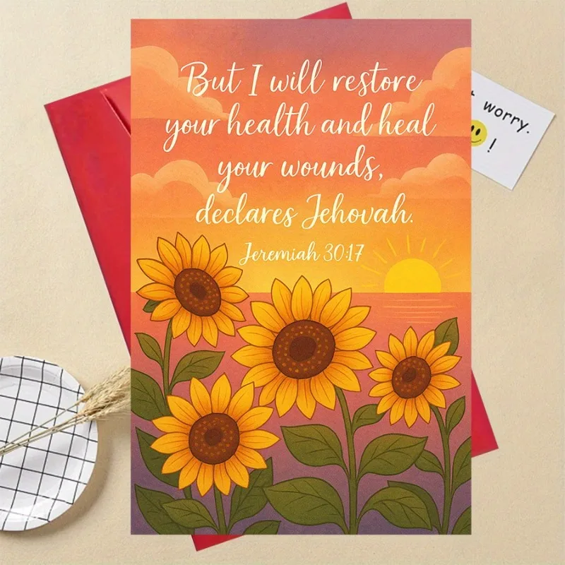 An ideal gift, this sunny sunflower greeting card contains Bible verses from the Book of Jeremiah, making it the perfect choice to express support and healing thoughts to friends, family, or loved ones who are recovering from a challenge or illness.