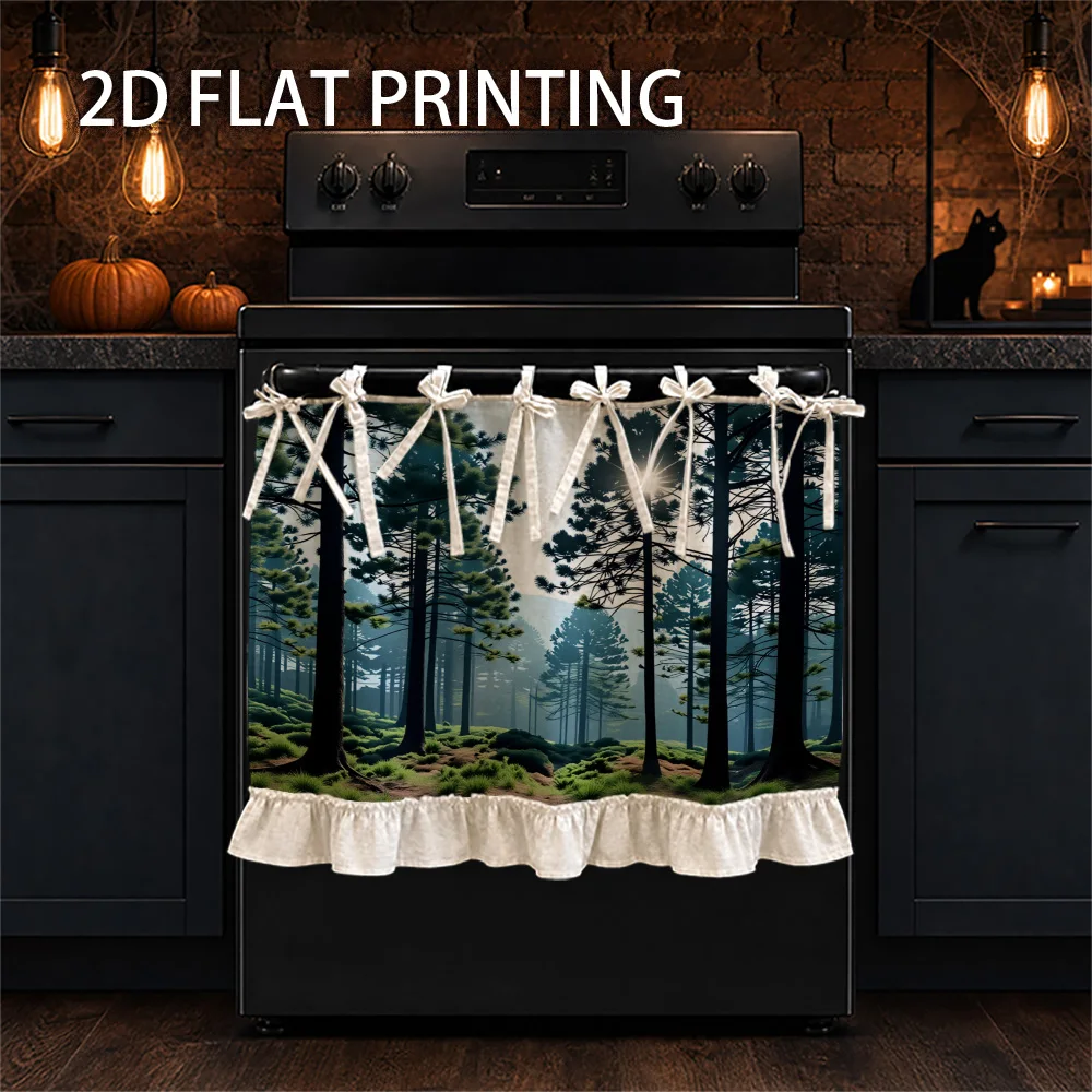 1PC kitchen stove curtain, cabinet curtain and apron. A scenic forest landscape print featuring pines and sunlight in a 2D graph