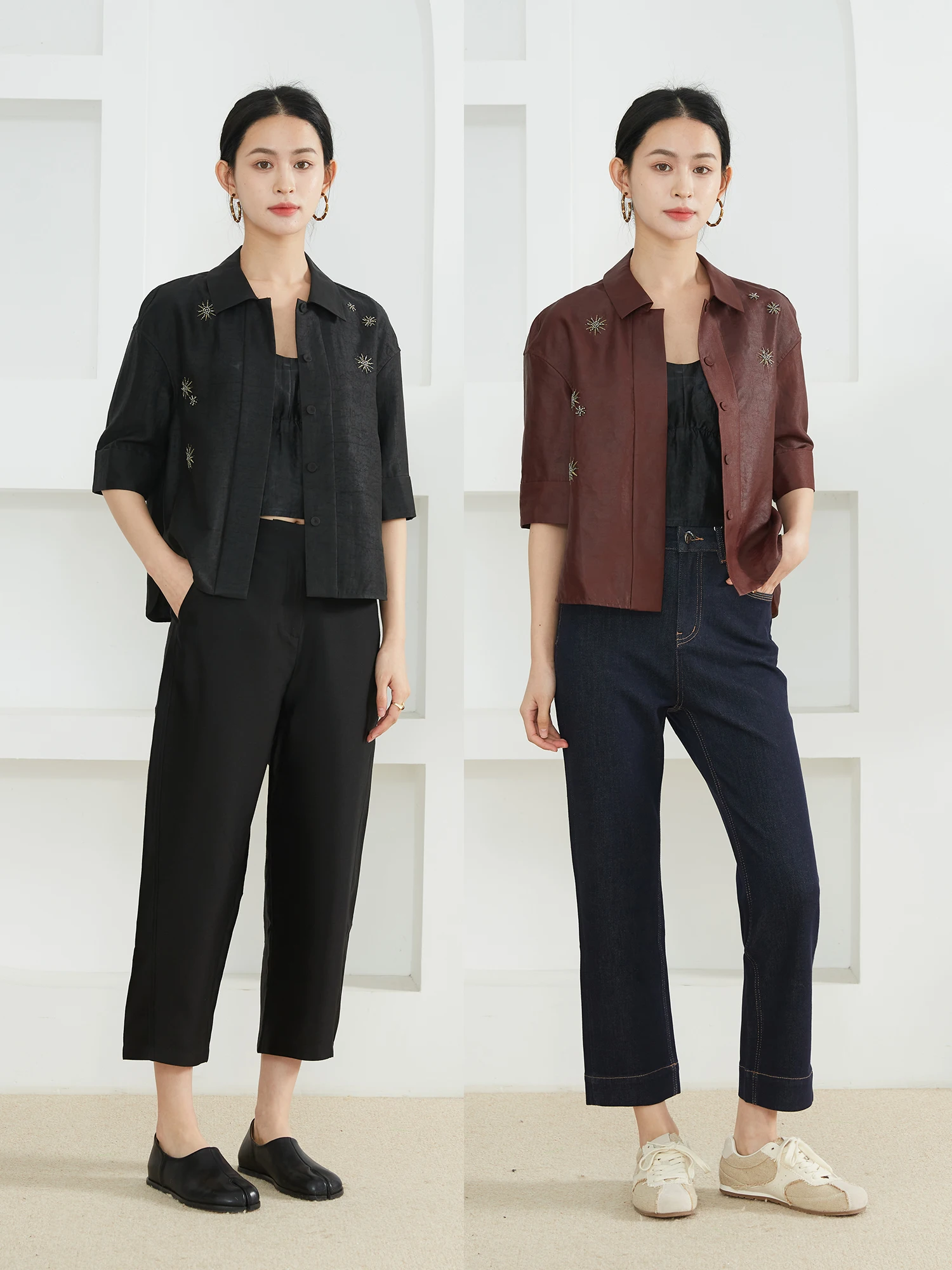 

Special Offer 00% Silk Embroidered irt Women's Spring Faion Original Design Straight Cut ort Sve Brea...