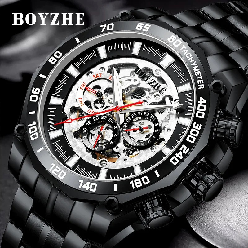 BOYZHE ساعة رجالية من أفضل العلامات التجارية الفاخرة الرياضية الميكانيكية ساعات رجالي فولاذ كامل مقاوم للماء مضيئة الهيكل العظمي ساعة اليد الرجال Relogio