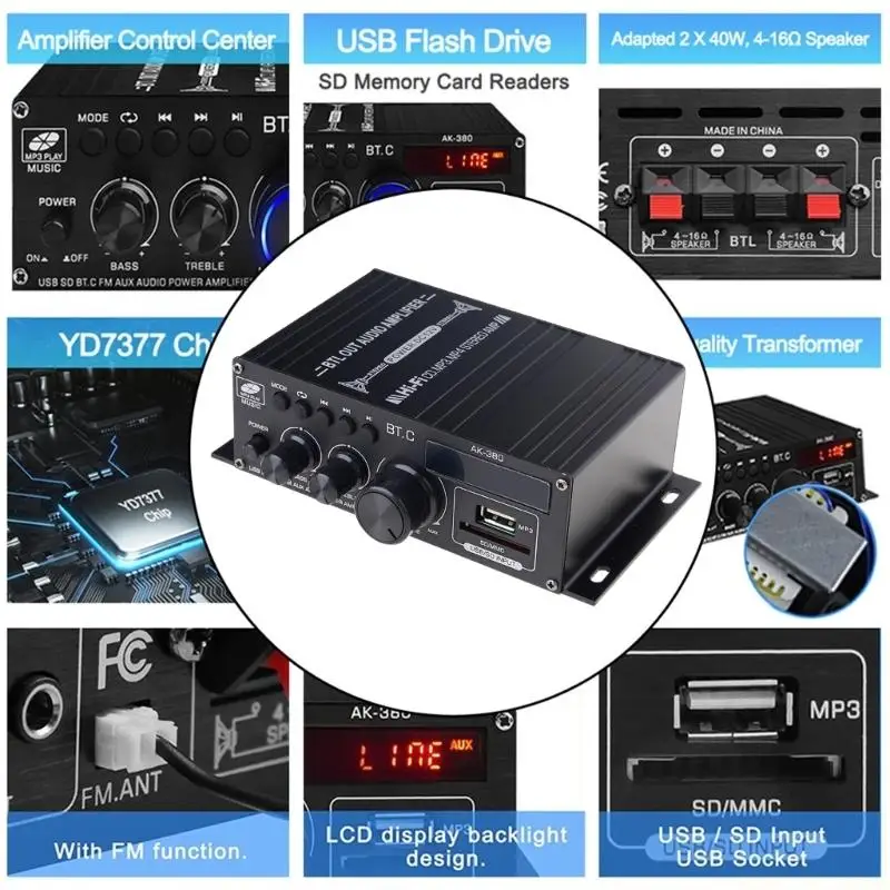 M5TD Multiple Input 400W Stereoes Sound Amplifiers Bluetooth-compatible 5.0 FM Radio USB Playbacks Remote Controls 12V 5A Power