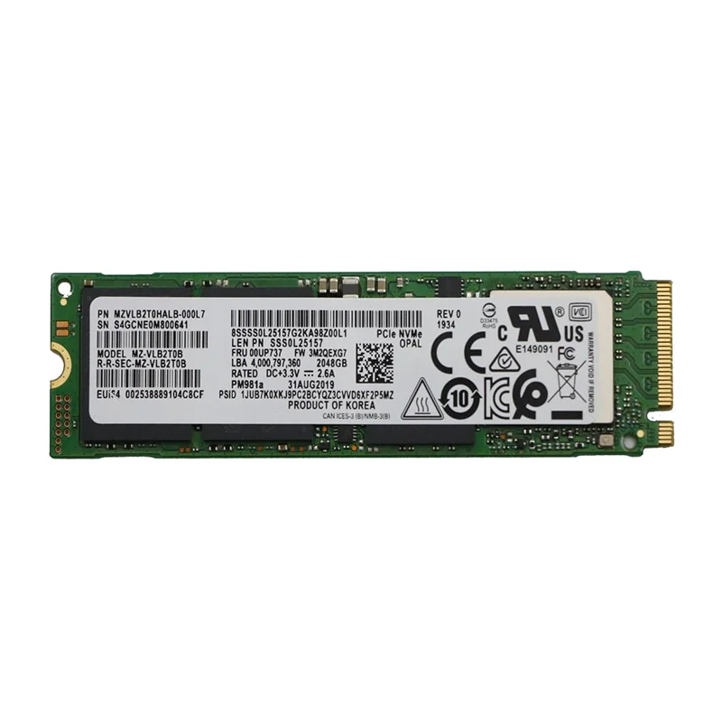 

Used 2TB PCIe NVMe SSD M.2 2280 OPAL 2.0 MZVLB2T0HALB-000L7 00UP737 For Samsung PM981a