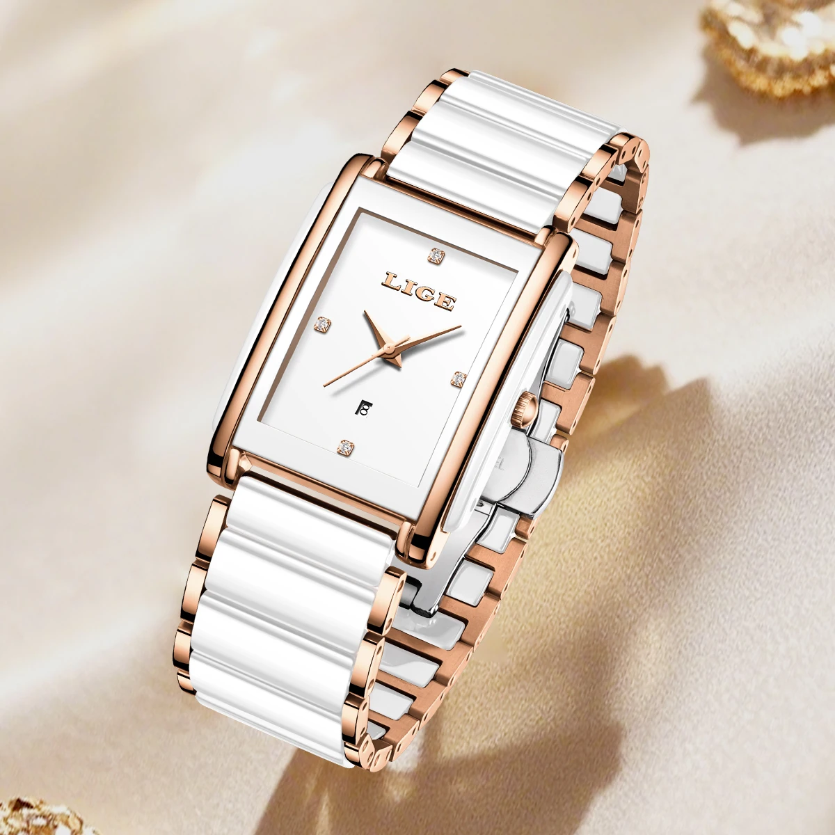 LIGE Fashion Square Quartz Woman Watches Ceramics Elegant Simple Diamond Auto Date Romantic Birthday Gift Leisure Wristwatch