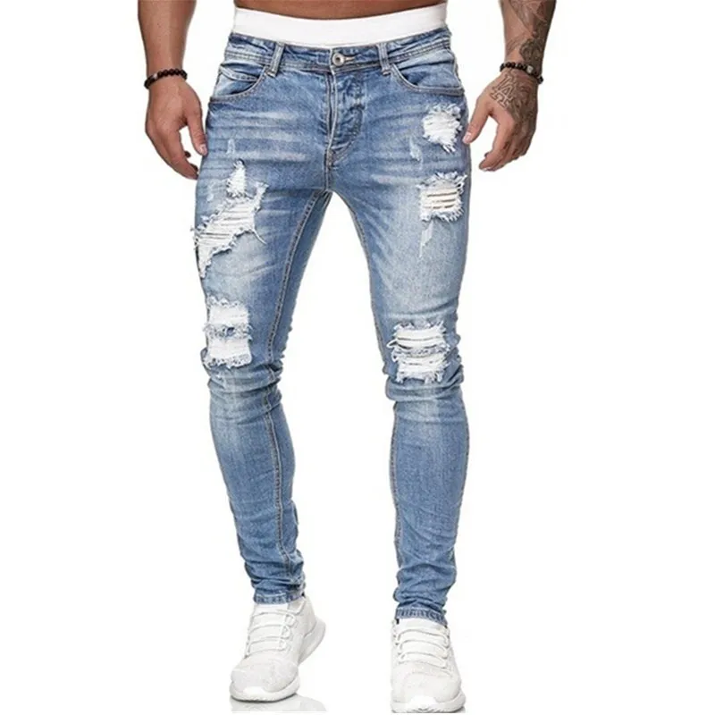 Men\'s slim jeans casual ripped micro-elastic skinny feet jeans men\'s hip hop style paint cover tear personality pants men