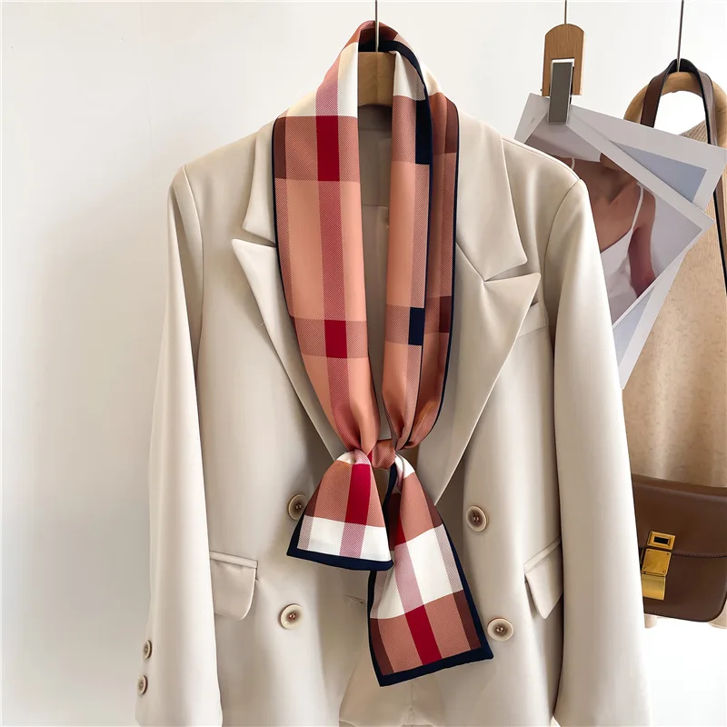 Suitscarf plaid waistband small long strip hairband silk scarf thin ribbon tie packaging decoration women's double-sidedprinting
