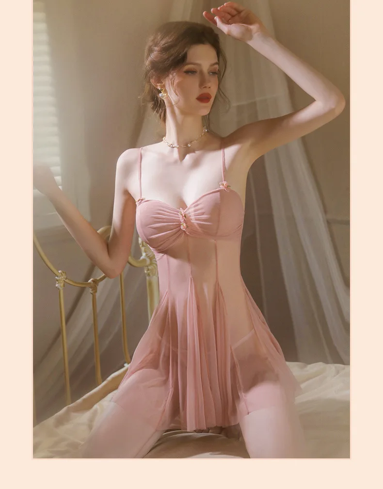 Lingerie Dress Strap Tight Deep V-Bow Mesh Long Dress Sexy Outfits Adult Sexy Clothing Crossdress Sexy Costume view 4