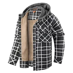 Men's fashion long sleeved plus plush thick hooded checkered shirt autumn and winter plus size men's top cotton jacket