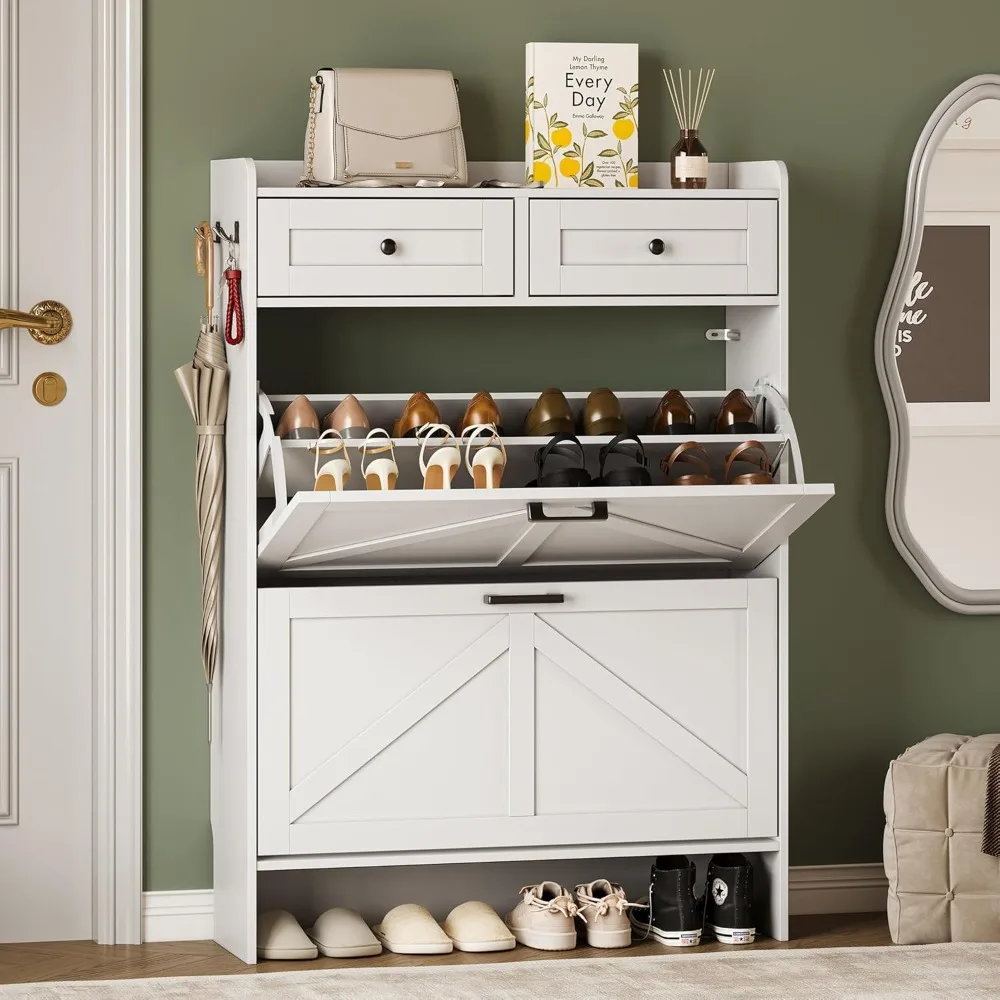 

Shoe Storage Cabinet for Entryway, Farmhouse Narrow Shoe Cabinet with 2 Flip Drawers & Top Drawers, Adjustable Shelves & Hooks,