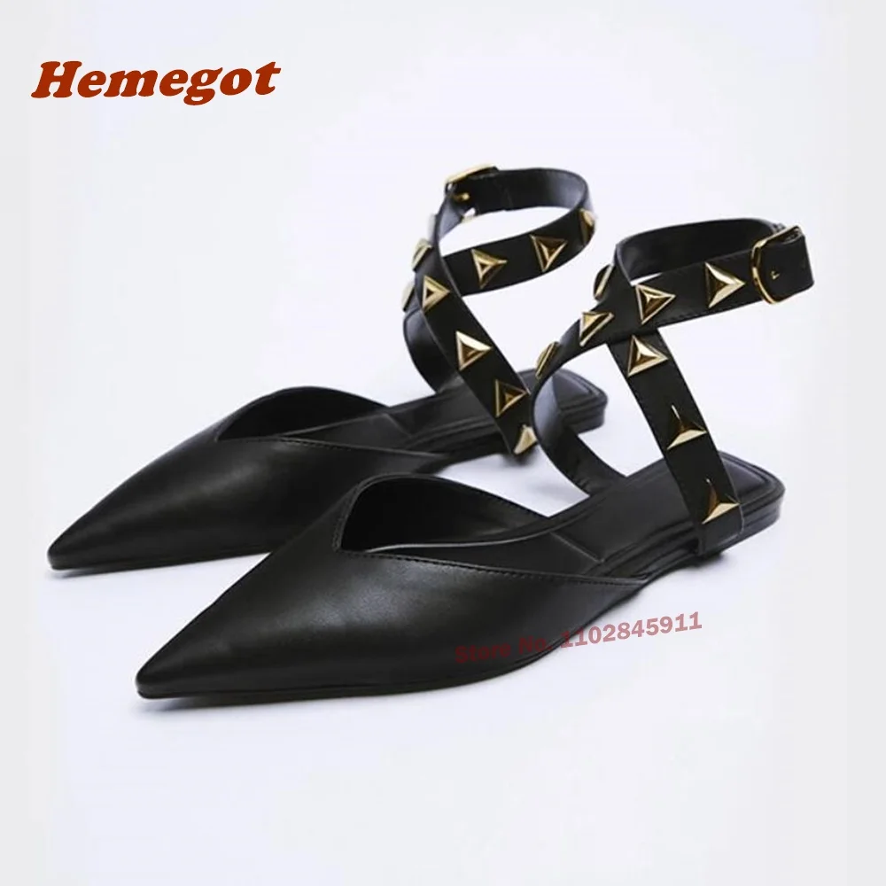 

Studded Pointy Toe Slingback Pumps Buckle Strap Flat with Women's Sandals 2024 New Summer Black Rivet Casual Shoes Luxury Sexy