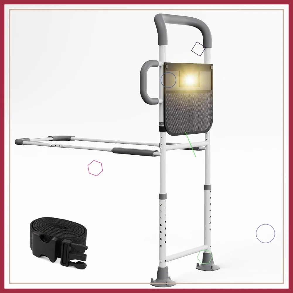 حاجز أمان للسرير قابل للتعديل لكبار السن، معتمد من ASTM مع ضوء مستشعر ومقبض غير قابل للانزلاق، قضيب دعم بسعة 350 رطل (رمادي)