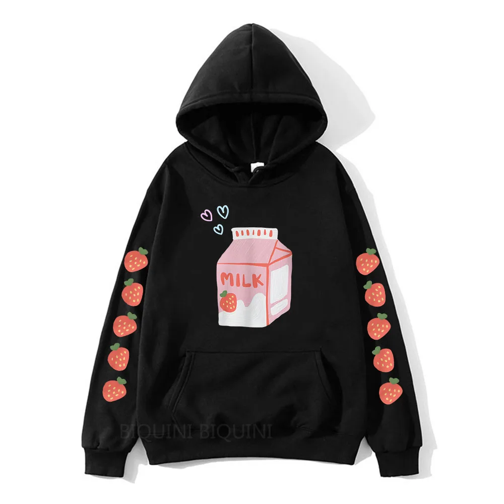 

Strawberry Milk Cartoon Printing Hoodies Girls Kawaii Winter Hooded Sweatshirts Sudadera Mujer Aesthetic Cute Soft Pullovers Top