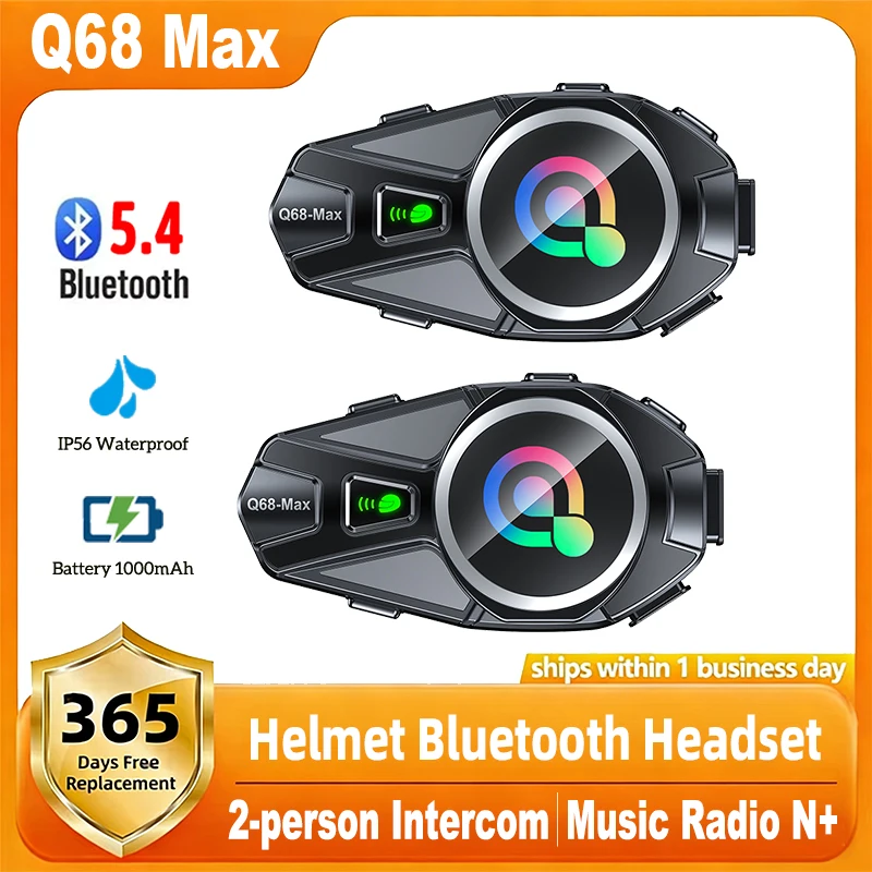 

Q68-Max Motorcycle Helmet Bluetooth Headset 2-Riders Intercom Auto Answer FM Music Sharing IP56 Waterproof Noise Reduction BT5.4