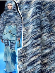 Knitted Blend Fabric Blue Soft Long Plush Designer Autumn Cardigan Top Creative Fabric for Sewing Meters Polyester Material