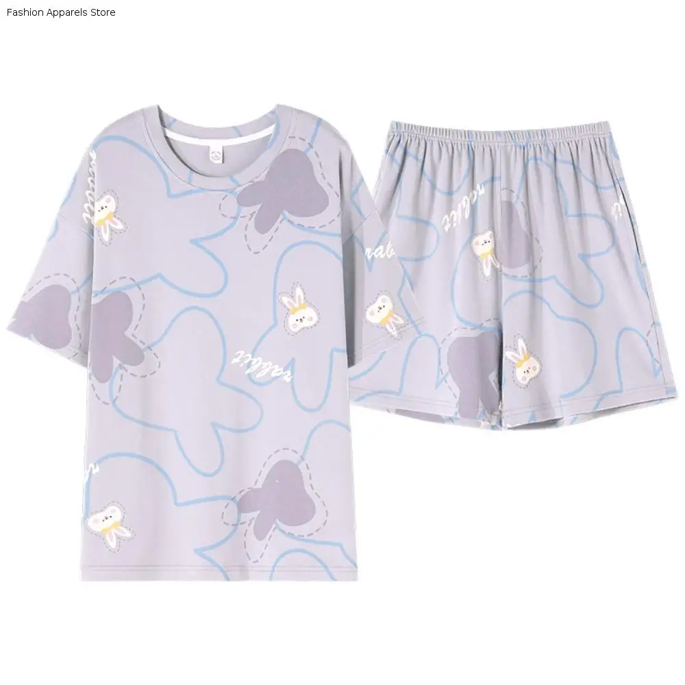 

Cute Flower Cotton Shorts Pajamas Set Thin Bear Rabbit Women Nightwear Suit Loose Short Sleeve Cartoon Cotton Pajamas Girls