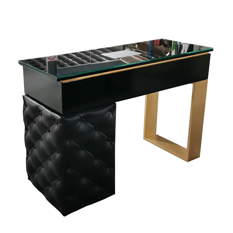 Luxury Black PU Tufted Leather Glass Top Nail Salon Double Nail Table Wooden Gold Salon Nail Table