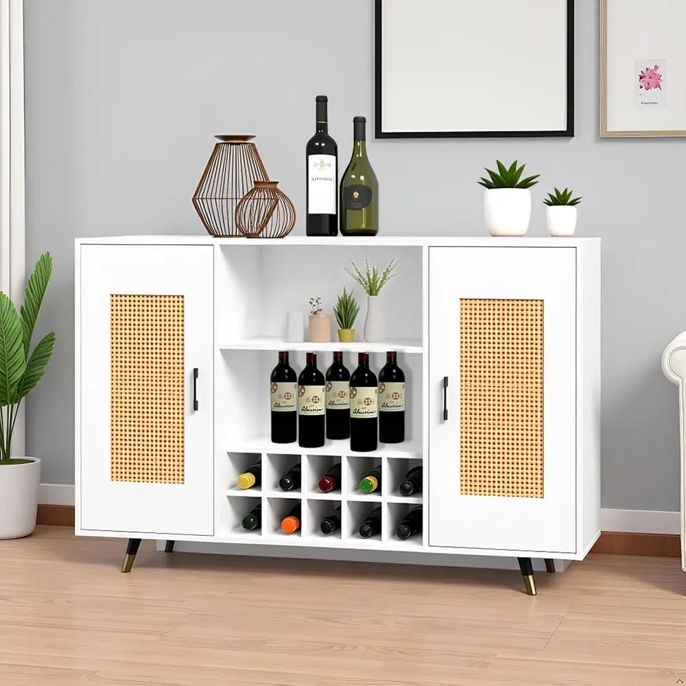 

9-Bottle Wine Rack Coffee Bar Cabinet with Rattan and Gold-Tip Legs for Dining and Living Rooms (White, 55.1in Wide)