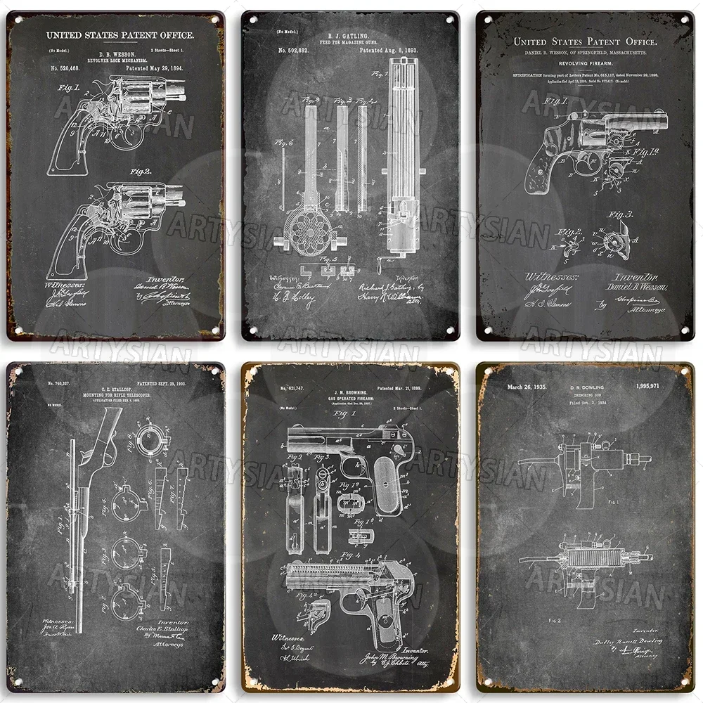 Patent Metal Sign James Boland Revolving Firearm A. Christ Revolver Gaylord Fountain Pen Pistol Gatling J.C. White Automatic Gun