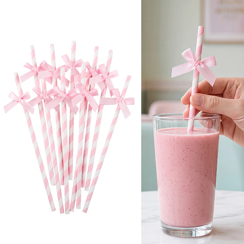 

20pcs Striped Paper Straws with Pink Bow Disposable Drinking Straws Birthday Wedding Valentine's Day Party Drink Dessert Decor