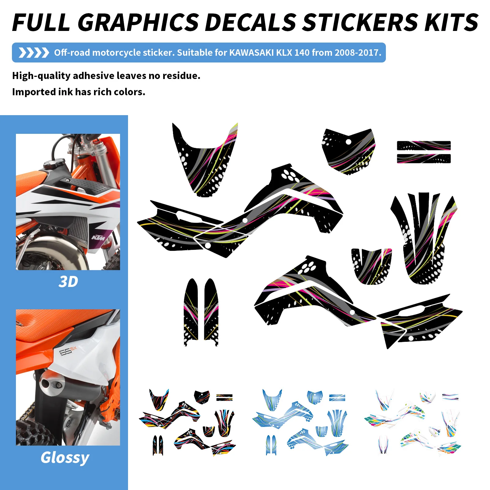 Motorcycle stickers Custom Full Graphics Decals Stickers Kit KAWASAKI KLX 140 2008-2017