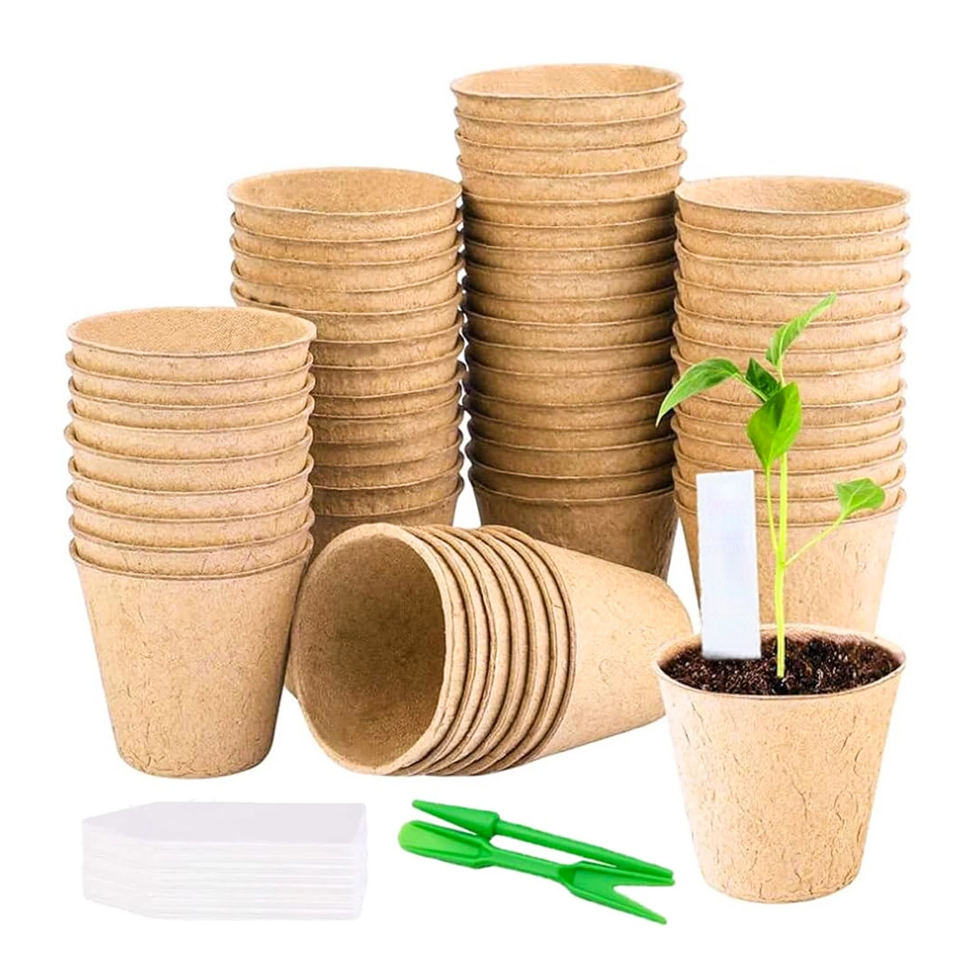 Pots biodégradables, 100 pots de semis de plantes de 8 CM, avec 100 étiquettes de plantes + 2 outils de transplantation, pour plantes et fleurs