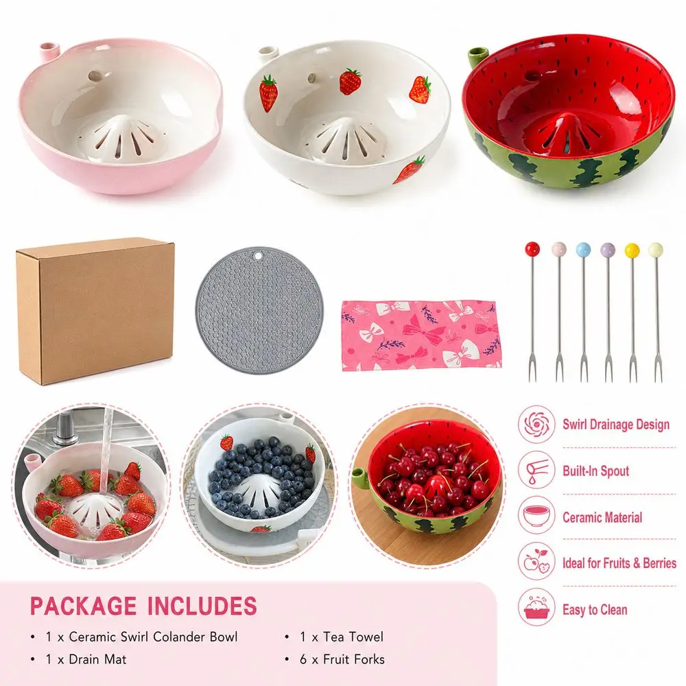 Ceramic Swirl Colander Bowl Built-In Drain Slots Water Inlet Berry Bowl Drain Spout Rinse Ceramic Colander Bowl Berry Serving