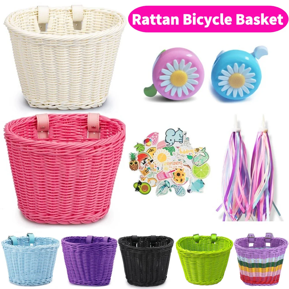 

Bicycle basket Kids Handwoven Cycling Basket Bicycle Front Handlebar Cargo Pannier with Bell Tassel Stickers Set Bike Baskets