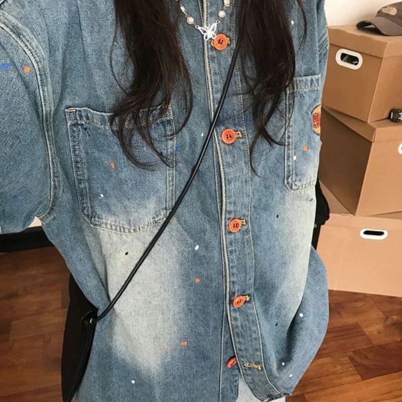 American Retro Harajuku Style Streetwear Short Sleeve Denim Shirt Jacket Lapel Loose Casual Chic Blue Jeans Jacket Top for Women