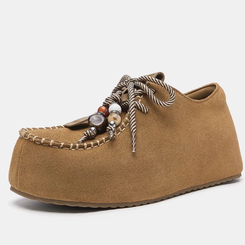 

Коричневые женские туфли-кенгуру из натуральной кожи, украшенные бисером, модная повседневная обувь, увеличивающая рост на толстой подошве