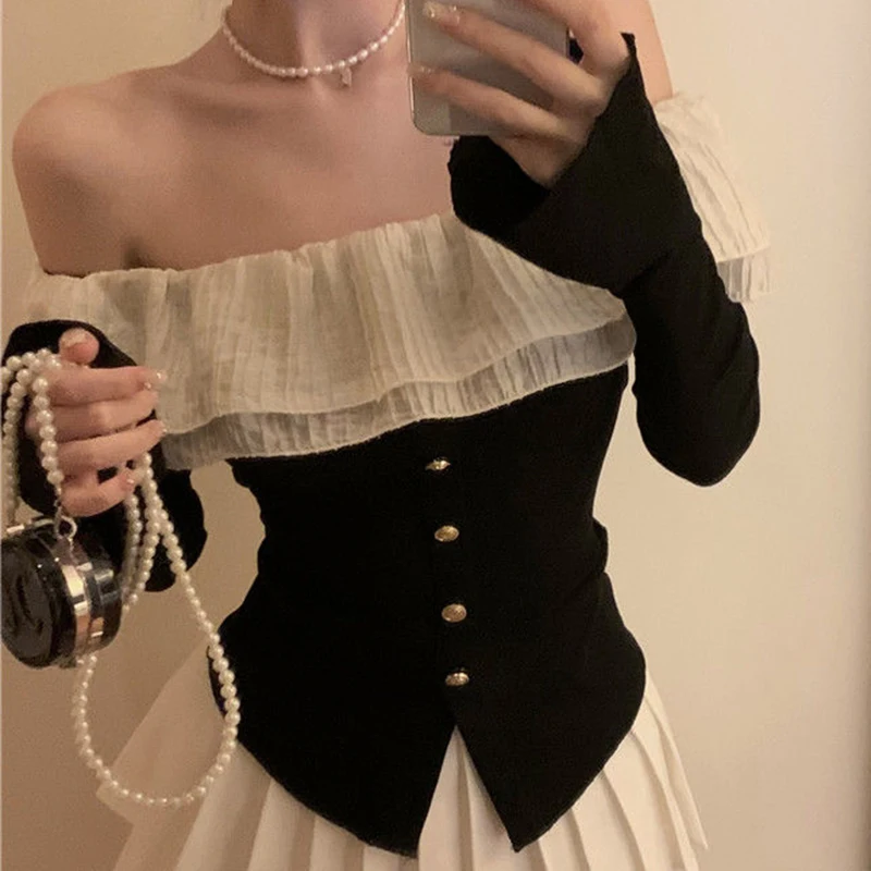 Off Shoulder Ruffles Splicing Shirt Women Summer Flare Long Sleeve Shirt Ladies Button Knitted Ladies Shirt Korean Female Shirt