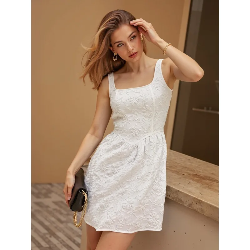 European Women's Fashion French Retro Court Style Jacquard Fabric Back Gathered High-Quality Versatile Dress