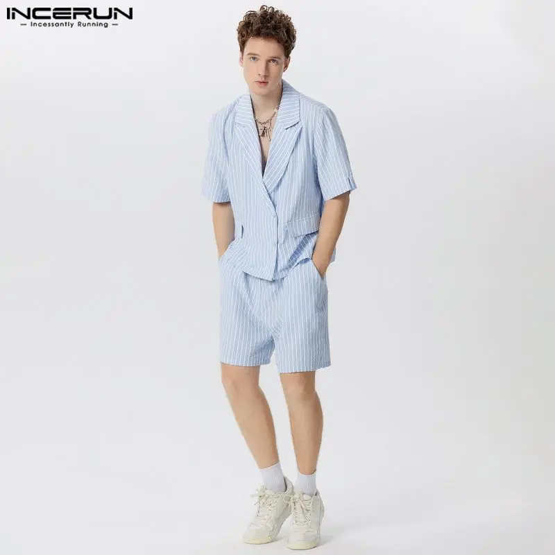 INCERUN 2024 American Style Sets Fashion New Mens Bubble Striped Cropped Suit Shorts Casual Streetwear Male Two-piece Sets S-5XL