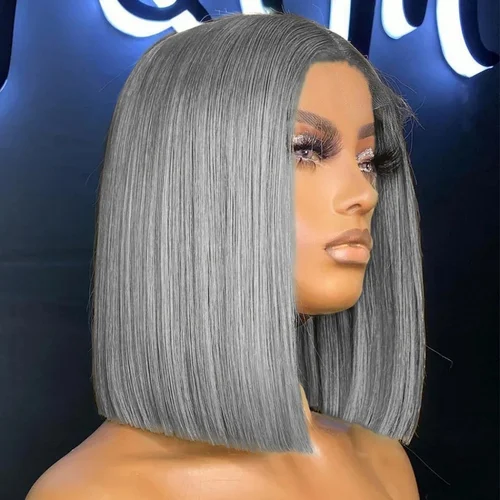 Pelucas de cabello humano corto con encaje Frontal Bob 13x4 gris plateado para mujer, peluca Bob de 220% de densidad, peluca Frontal de encaje transparente HD gris