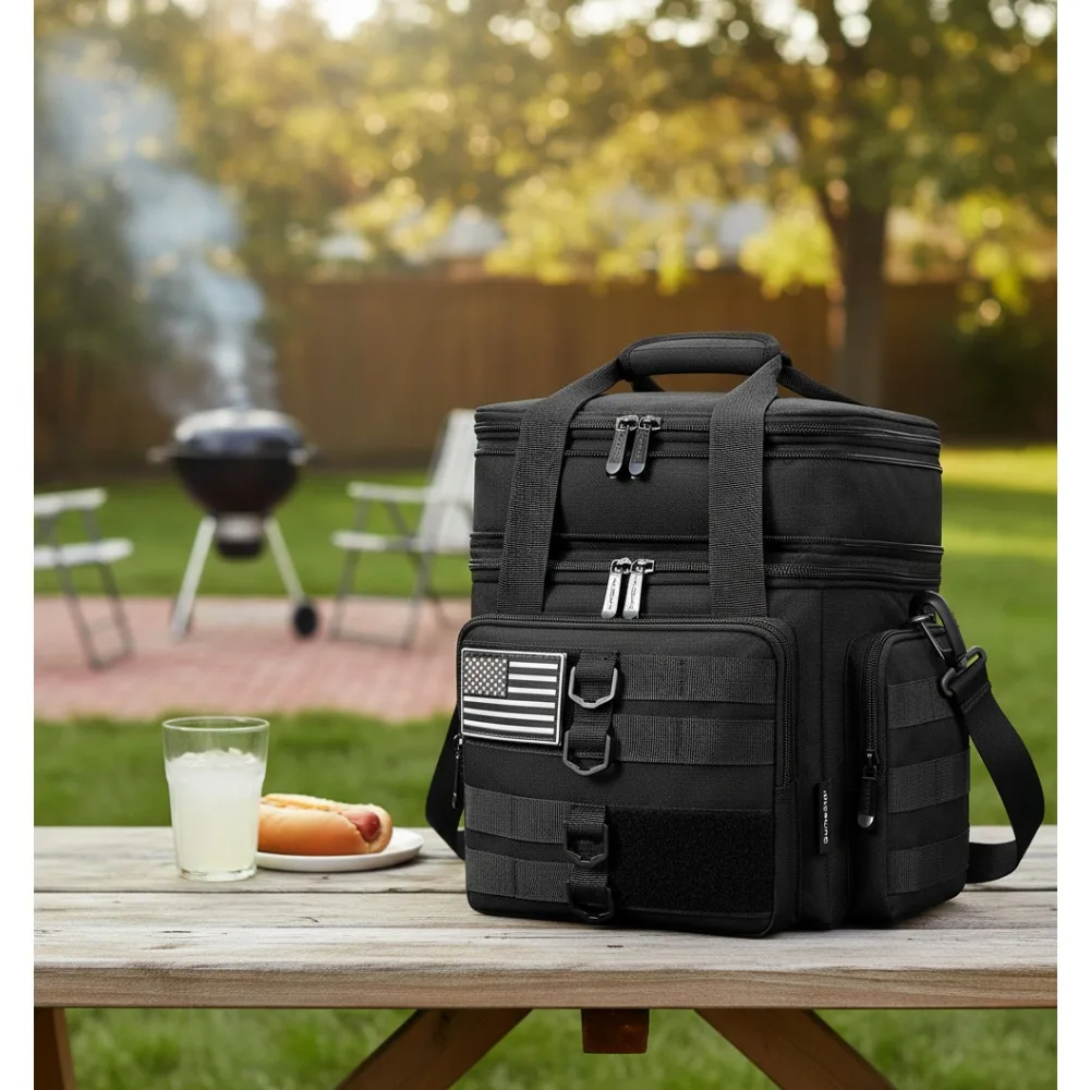 

Large Insulated Tactical Lunch Bag, Dual Compartment Expandable Cooler with American Flag, Leakproof for Work Camping - Black