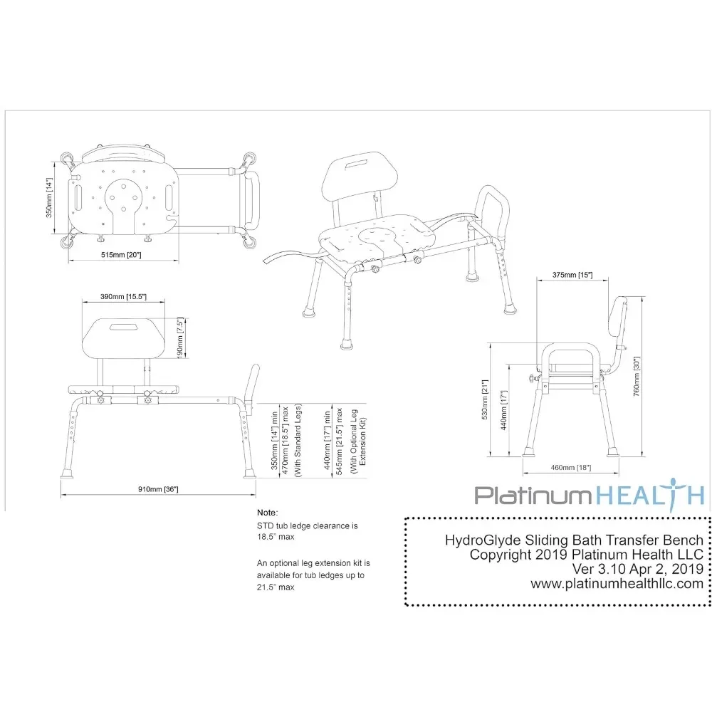 Schiebe-Duschstuhl HydroGlyde Premium Heavy Duty gepolsterte Badewannen-Transferbank mit ausgeschnittenem Sitz