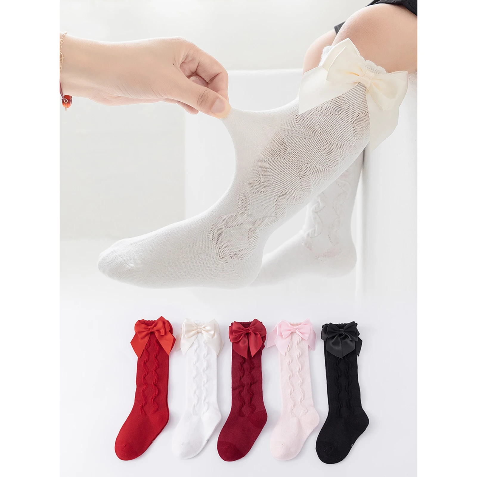 

Toddler Kids Girls Long Socks Solid Color Cute Bowknot Children Knee Length Stockings Summer Thin Dance Socks