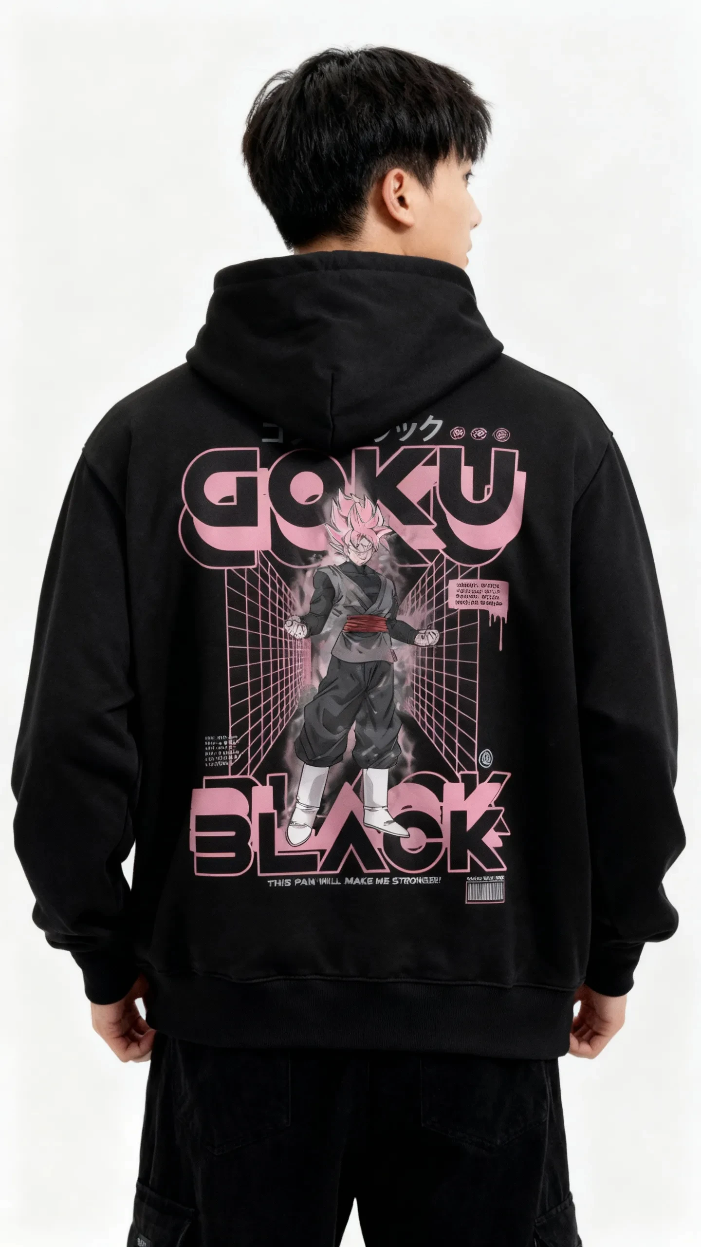 Dragon Ball Super Sudadera con capucha de algodón negro Goku estampado de personajes negros jersey de cosplay de anime con diseño de pelo rosa ropa casual