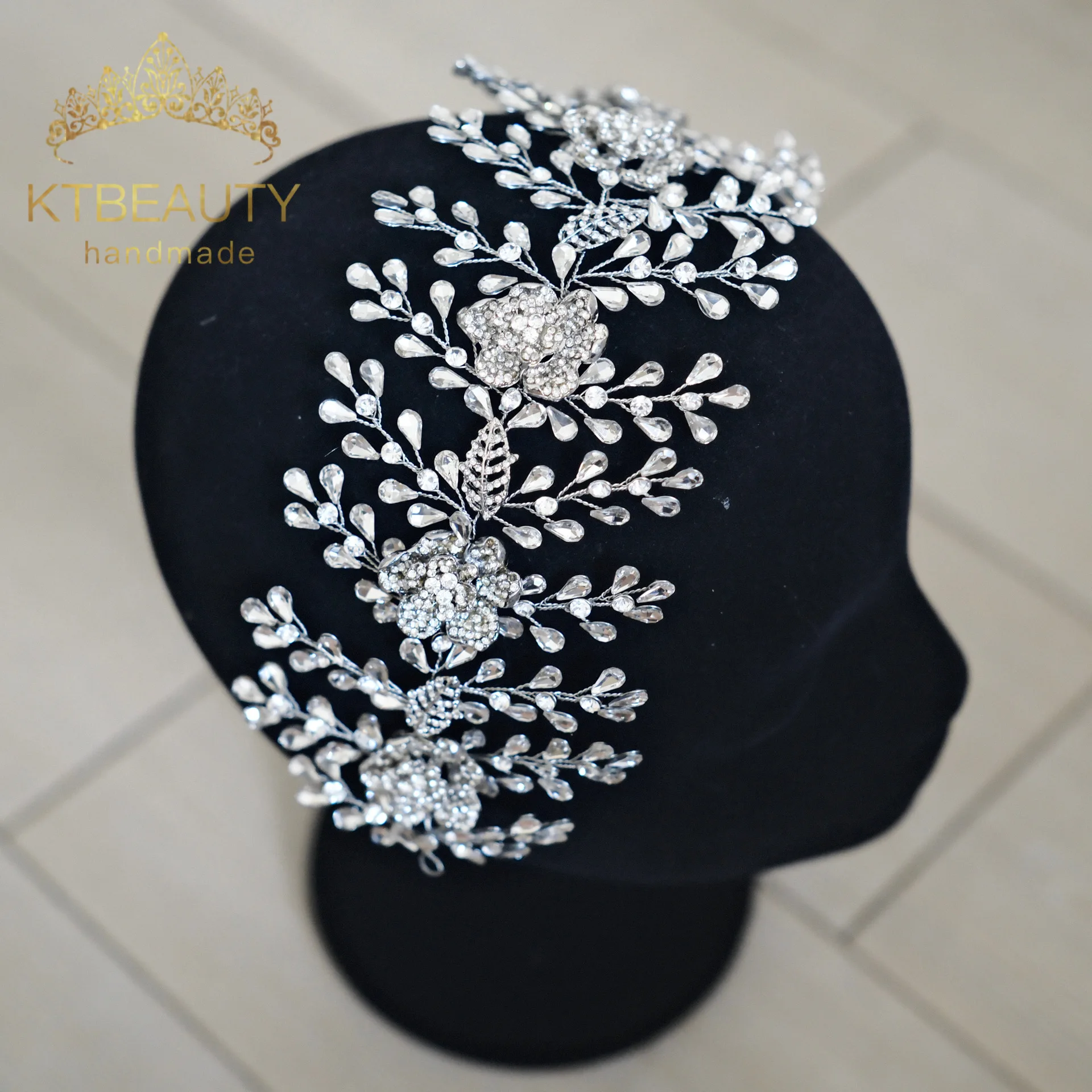 KTBEAUTY News 2025 bridal style Headpiece Silver color White Crystal Stones Flowers Leafs Beauty Hair band Women Accessories